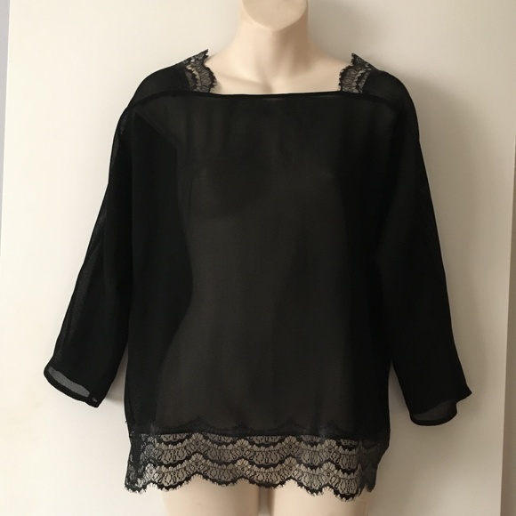 SANDRO Paris Black Crepe + Lace Deep V Back Blouse S - Picture 1 of 6